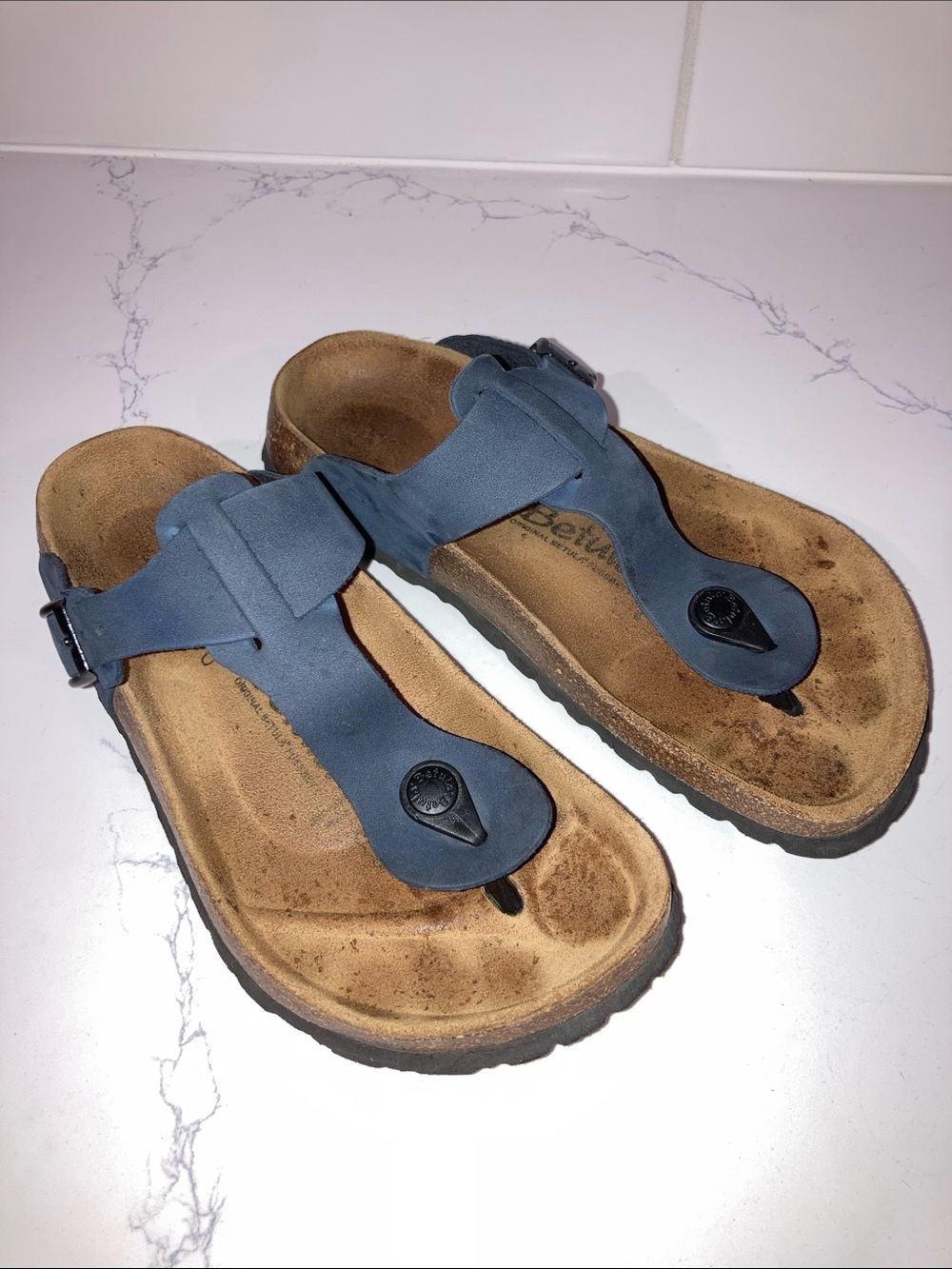 Betula Blue & Tan Nubuck Toe-Post Thong Sandals - size 6